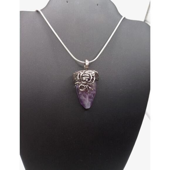 Stainless Steel Spider Pendant Necklace with Amethyst Point 18" - Picture 2 of 4